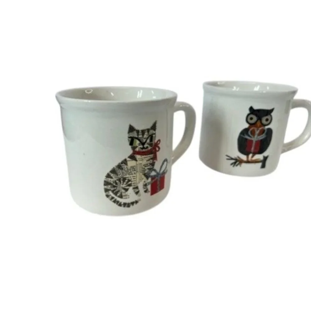 3 POTTERY BARN DENISE FIEDLER WHIMSICAL CAT,FOX & OWL MUGS -A FUN TASTE OF NATUR